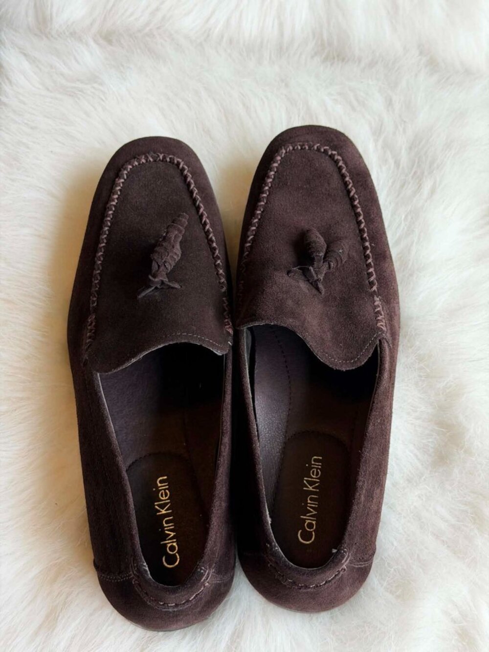 Mens 9 Calvin Klein Brown Suede Shoes Driver Tassel Loafers New